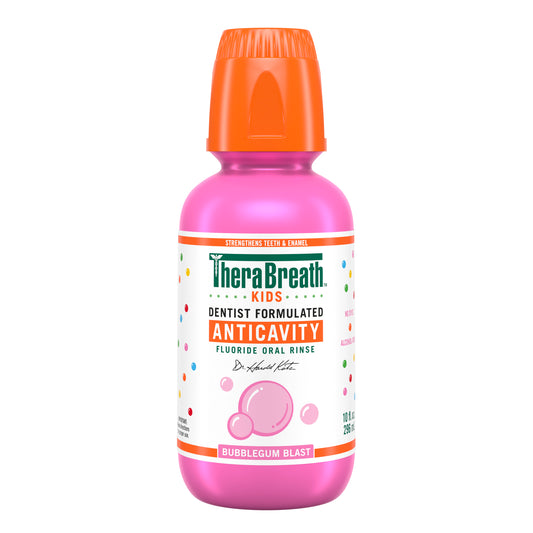 TheraBreath for kids anticavity bubblegum blast flavor bottle.