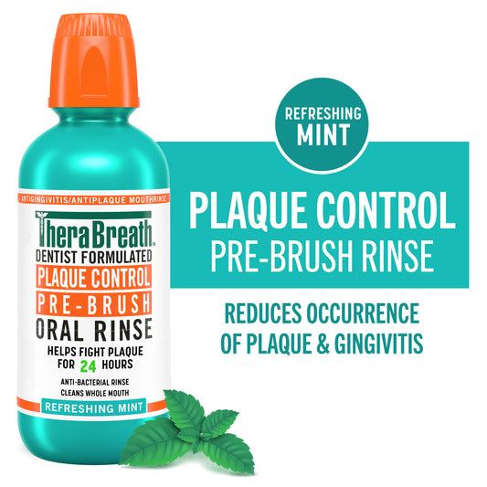 Teal bottle of TheraBreath Plaque Control Pre-Brush Oral Rinse in Refreshing Mint. "Reduces occurrence of plaque & gingivitis"